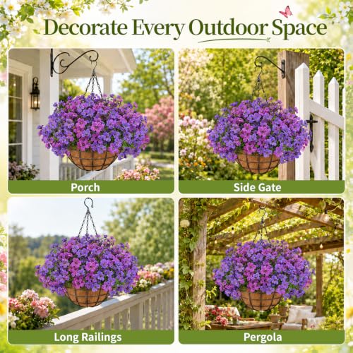 Image of 2 Set Outdoor Artificial Hanging Flower Baskets with Coco Liners, Purple