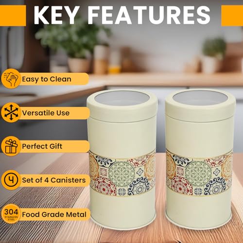 Image of Mandala Collection Airtight Kitchen Container Set| 850ML- Set of 4| Food Grade Metal Jars for Cookies, Rusk, Candies & Snack Storage | Vacuum Lid, Rust Resistant| Beige Rangoli Canisters