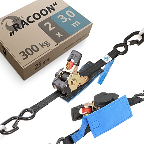 valonic Racoon - eslingas automáticas con carraca y Gancho, 3m - 2 Piezas, Acolchado, EN-12195-2, cinchas de Amarre con...