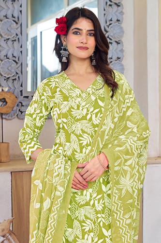 Image of MIRCHI FASHION Women's Straight Fit Pure Cotton Sequins Thread Work Leaf Printed Kurta Set with Dupatta and Trouser