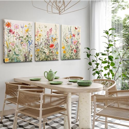 image for KISSFOX 3 Piece Canvas Wall Art Wildflowers Wall Decor Floral Pictures