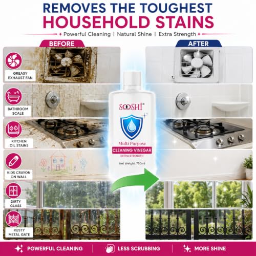 Image of Sooshi Premium Cleaning Vinegar 750ml - Concentrated Multipurpose Distilled White Vinegar | Removes Stain, Limescale, Grease & Odors | for Kitchen, Bathroom, Floor & Household Cleaning