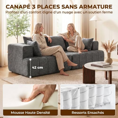 Sofá de 3 plazas de chenilla de 248 cm gris con amplio asiento acolchado para salón 5