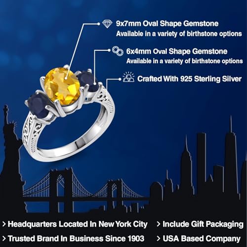 Gem Stone King 925 Sterling Silver Yellow Citrine and Blue Sapphire 3-Stone Engagement Ring For Women | 2.25 Cttw | Gemstone Birthstone | Available In Size 5, 6, 7, 8, 92