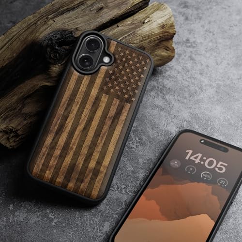 Image of Carveit Wood Case for iPhone 16 Plus, The Classic American Flag, Walnut | Magnetic iPhone 16 Plus Case Compatible with MagSafe Wireless Chargers, Engraved Wood with Soft TPU Shockproof Bumper