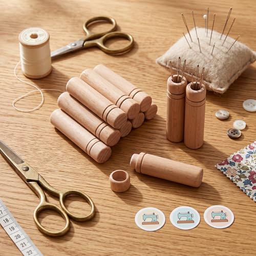 Image of HEEPDD Wooden Needle Cases 8 Pack, Portable Sewing Supplies Storage Organizer with Stickers, Screw Top Lids for Needles, Crafting Accessory Holder for Sewing Kit, Thread, Pins, Small Part | Anti Lost, Polished Solidly Wood Material,1.5 X 6cm,Large Capacity,Lightweight, Portable,Sewing Essentials,Widely Used