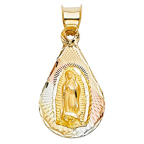 14K Tri Color Gold Diamond Cut Our Lady of Guadalupe Stamp Religious Charm Pendant with 0.8mm Box Chain Necklace2
