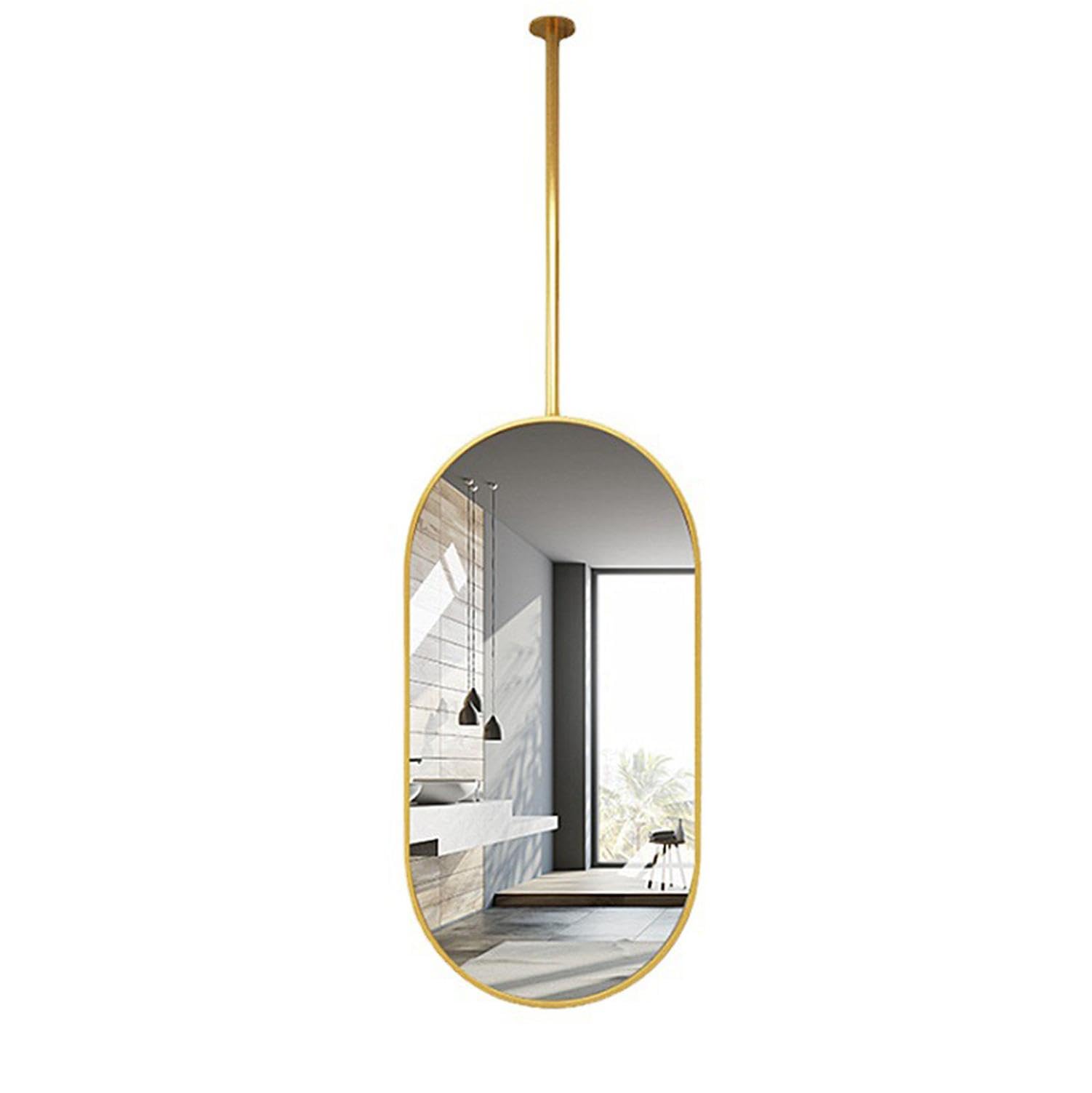 GLJTUO Oval Metal Ceiling Mirror, High-Definition Decorative Hanging Mirror for Bathroom, Pole Suspension Design,Gold-40cmx60cm
