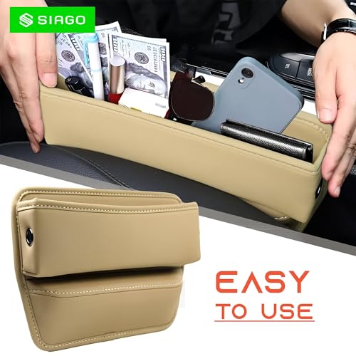 Image of SIAGO Car Seat Gap Filler Organizer | Premium PU Leather Storage Box for Phone | Car Accessories for Keys, Cards & Coins | Universal Fit for Cars, SUVs & Trucks (Beige) (SIA133)