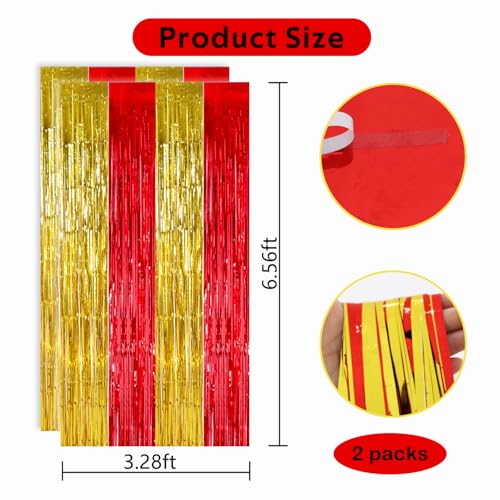 Image of TONIFUL Red and Gold Fringe Backdrop Curtain 2026 Nurse Graduation Party 2Pcs 3.3 x 6.6ft Metallic Tinsel Foil Fringe Photo Booth Backdrop Door Streamers for Prom Birthday Retirement Party Decorations