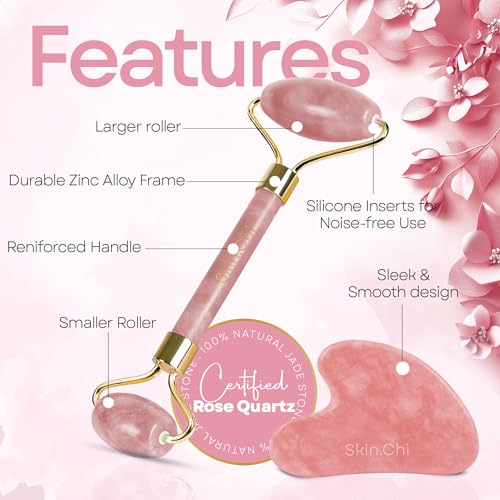 Skin Chi - Juego de rodillo facial de cuarzo rosa y gua sha, rodillo facial de doble extremo y herramienta de masaje facial de piedra Gua Sha, para mujeres y hombres, dispositivo facial - imagen 3