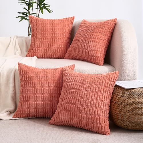 All Smiles Decorative Coral Throw Pillow Covers 18x18 Set of 4 Farmhouse Rustic Boho Home Decor Soft Plush Striped Corduroy Square Cushion Case for Living Room Couch Bed Sofa