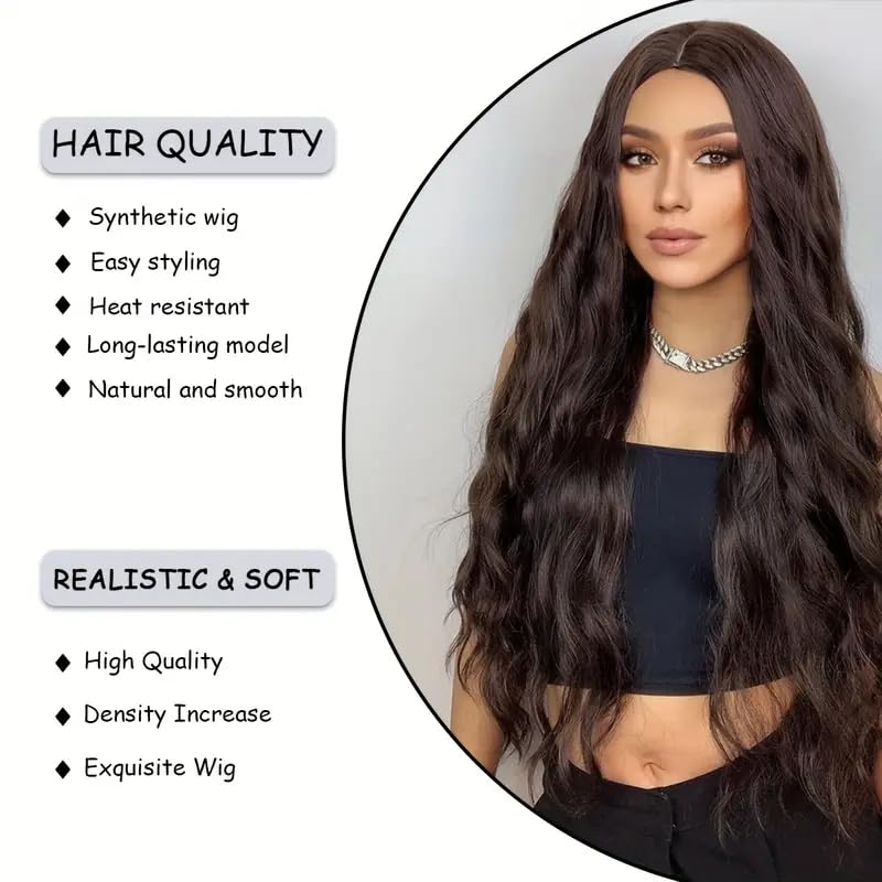 Image of Wavy Hair Wig For Women Dark Brown | Heat Resistant Synthetic Hairs | Long Hairs | Natural hairs Wigs | 26 Inch Long Hairs | Washable | WigCap & Hair Brush (pack of 1)