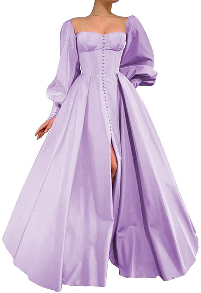 Long Puffy Sleeve Prom Dresses Princess Ball Gown for Women Satin Formal Party Wedding Evening Dress