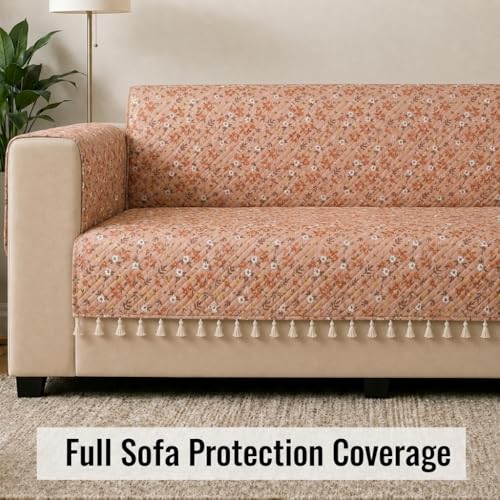 Image of STITCHNEST 'Frostvine Collection' 3 Seater Sofa Cover | Full Coverage with Armrest Pockets | Cotton Quilted Fabric, Decorative Tassels, Washable & Durable for Modern Living