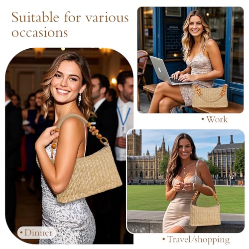 Bolso pequeño de paja con asa de madera para mujer miniatura 2