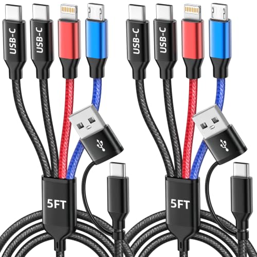 Image of 4 in 2 Multi Charging Cable, USBA /C Charging Cords for Multiple Devices | Dual Type-C Ports Phone Charger Cord, Universal Travel Charger for iPhone17-12 /Androids /Pad, Car, Camping and More, 2Pack 5FT
