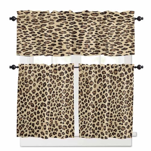 Leopard Kitchen Curtains 36 Inch Length,3 Piece Rod Pocket Small Half Tiers and Valance Set,Brown Black Beige Modern Abstract Impressionist Small Large Window Treatment Decor for Bedroom/Bathroom