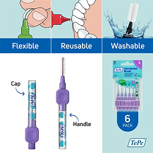 Tepe Interdental Brush Original, Soft Dental Brush For Teeth Cleaning, Pack Of 6, 1.1 Mm, Large Gaps, Purple, Size 6 #TOP4