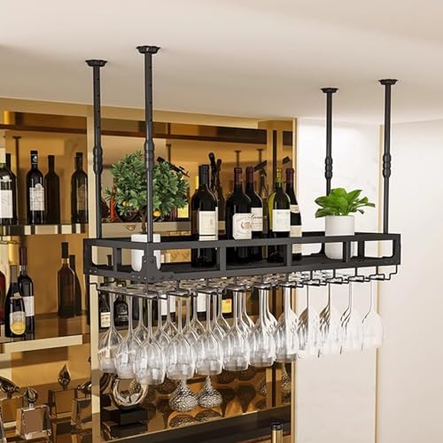 LIULIFEN Estante para Vino Colgante con Soporte para Copas, Soporte para Copas de Vino para Colgar en el Techo de Metal, Soporte para Botellas de Vino con Estante de Vidrio para Copas, sopo