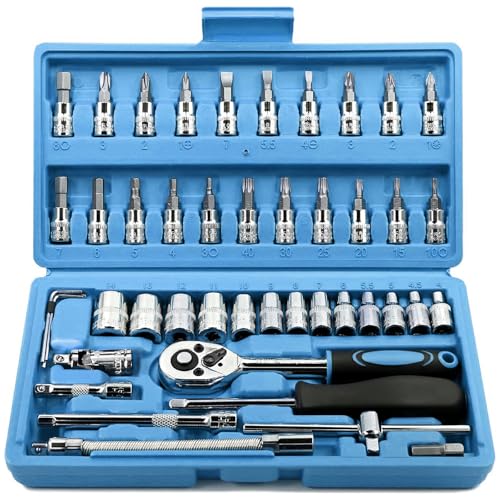 Egofine 46 Pieces 1/4 inch Drive Socket Ratchet Wrench Set, with Bit Socket Set Metric and Extension Bar for Auto Repairing and Household, with Blue Storage Case