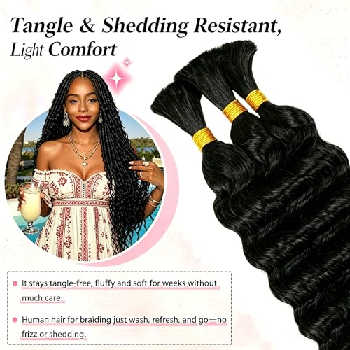 Boho Hair for Braiding - 40G 1 Bundle/Pack Natural Black, Wet and Wavy, No Weft, Full, Deep Wave 12A Unprocessed Brazilian Virgin Curly Human Braiding Hair for Knotless Braids — view 3