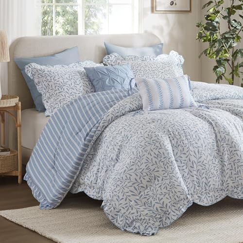 Image of Madison Park Reversible Botanical Comforter Set, 5PC King Bedding Set | Summer Floral Print Bed Set with Scalloped Edges, Lightweight Bedding with Decorative Pillows, Blue