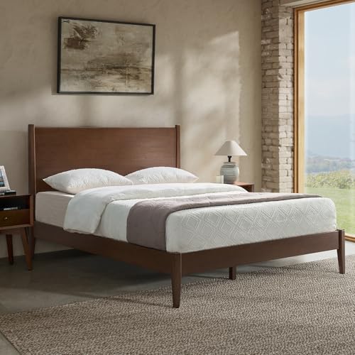 HULALA HOME Mid-Century Modern Solid Wood Queen Size Bed Frame, Low Profile Platform Bed with Tapered Legs for Bedroom, Walnut