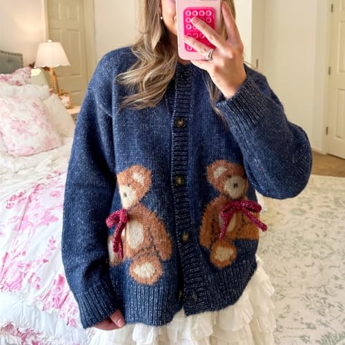 Women Cute Bow Bear Cardigan Sweaters Button Down Y2k Knitted Cardigans Casual Long Sleeve Knit Coats3