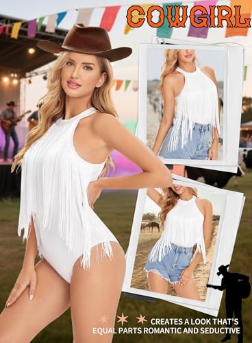 Image of Ella Lust Women Western Fringe Bodysuit - Cowgirl Country Concert Outfit Boho Tassel Hem High Cut Skinny Festival Tank Top