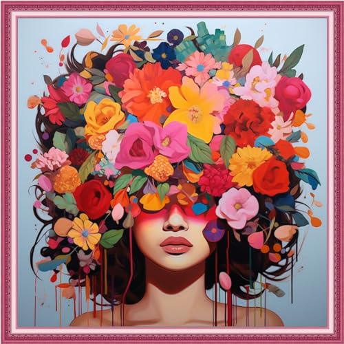 Image of Joyhoor Cross Stitch Kits for Beginners Stamped Cross-Stitch Supplies Needlework preprint Embroidery Kits for Adults DIY Needlepoint Kits Embroidery Patterns 11CT-Colorful Flower Girl 18.x18 inch