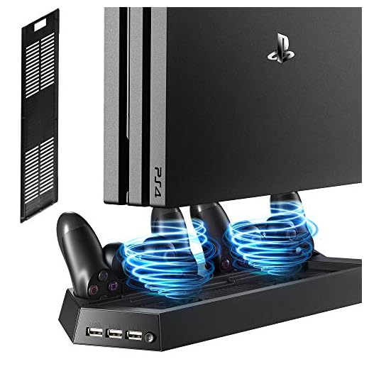 Kootek Vertical Stand with Cooling Fan for PS4 Slim / Regular PlayStation 4, Controllers Charging Station with Dual Charger Ports and USB HUB for Console Dualshock 4 Controller ( Not for PS4 Pro )