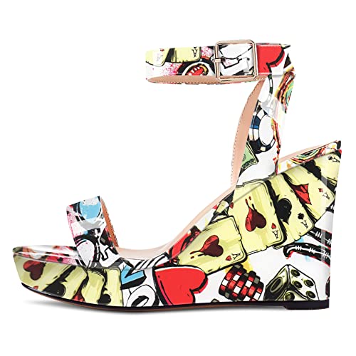 Image of Aachcol Women Platform Wedge Sandals Round Peep Open Toe Ankle Strap Slingback Two-Piece Chunky Block High Heel Dress Shoes Pumps Party Patent 4 Inch