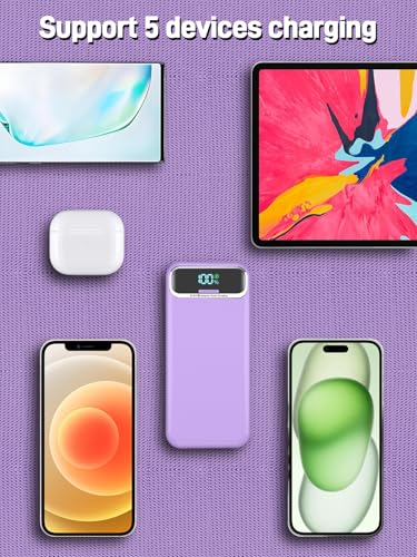 Image of Nusyddy Portable Charger 20000mAh 22.5W w /Built-in Cables & Wall Plug Purp. | 22.5W Fast Charging, High Capacity, LED Display, Charge 5 Devices at once, TSA Approved, Compatible with iPhone /iPad /Samsung