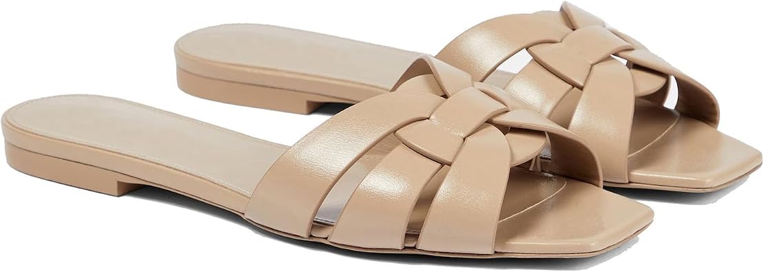 Womens Woven Leather Flat Slide Sandals Square Open Toe Casual Summer Slides Dressy Beach Slip On Slippers