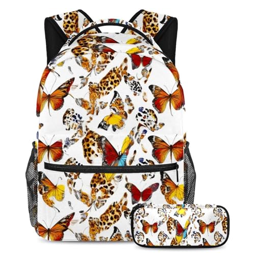 Sac à dos papillons léopard résistant à l'eau avec trousse pour ranger les cours