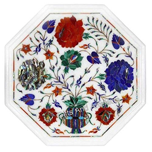 Dessus de table incrusté de pierres précieuses sur table d'appoint en marbre chic - 3