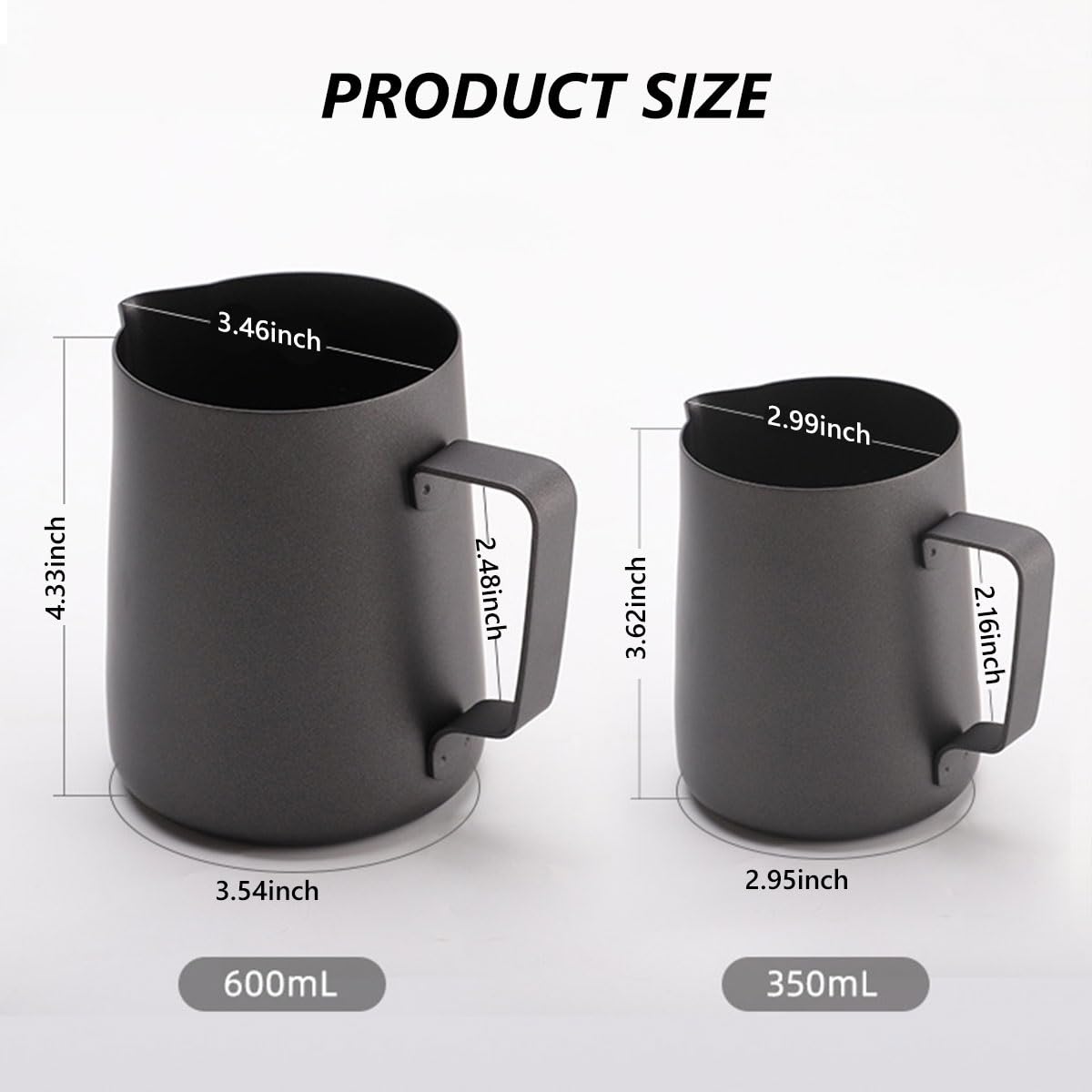 YCKEGEW Pichet À Lait Noir Mousseurs À Lait pour Espresso en Acier Inoxydable 12oz 20oz pour Les Accessoires De Machine À Espresso Cappuccino, Finition Mate (Color : Nero, Size : 600ml/20oz)