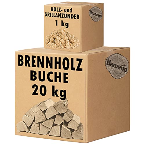 Set Anzündwolle und Brennholz Kaminholz Holz 20 kg Buche 1 kg Anzündwolle Ofen Kamin Kaminofen Feuerschale Grill Feuerholz Outdoor Feuer Wachs Flameup