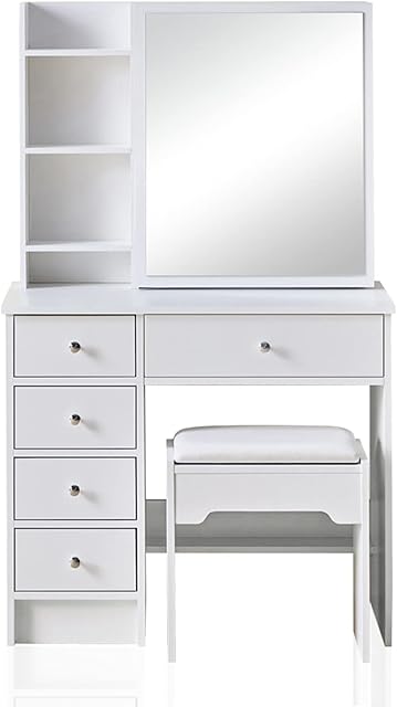 TUKAILAi White Vanity Dressing Table Set Corner Makeup Desk with 5 Drawers, 1 Slide Mirror, 7 Shelves and Stool Bedroom Furniture