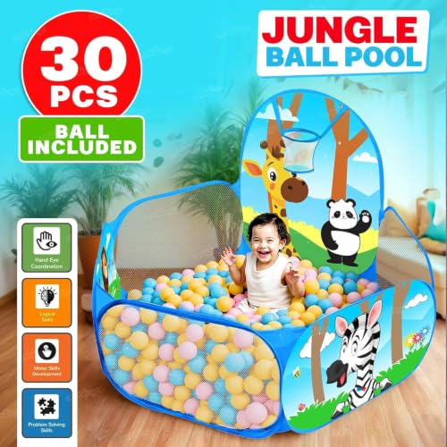 Image of Zest 4 Toyz Ball Pool for Kids Play Pit with Fun Animal Design Indoor and Outdoor Playpen with Basketball Hoop Foldable Play Pool for Boys and Girls (30 Balls Included) Jungle Themed (Extra Large)