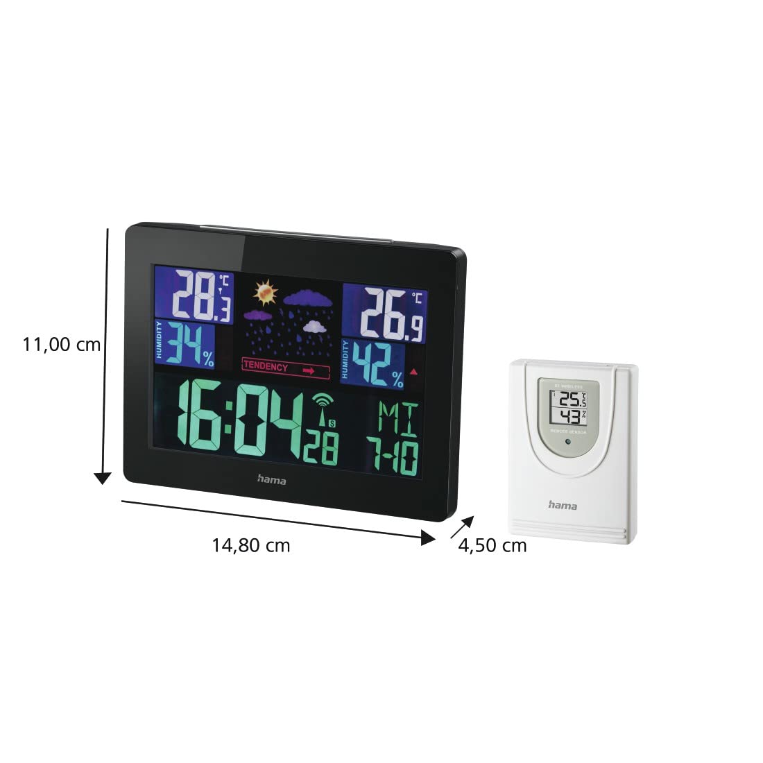 Hama Wetterstation Funk mit Außensensor (Funkwetterstation mit Wettervorhersage, misst Innen- und Außentemperatur sowie Luftfeuchtigkeit innen und außen, Thermometer, Hygrometer, DCF Funkuhr, Wecker)