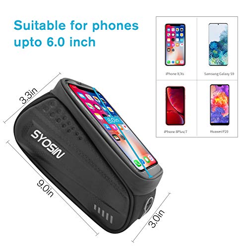 SYOSIN Bike Phone Front Frame Bag,Waterproof Bicycle Phone Mount Bag with Touch Screen Rain Cover Large Capacity Phone Case Compatible with iPhone 7 8 Plus xs max for Below 6.5 inches