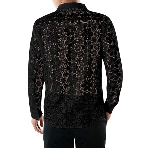 Men's Sexy Shirt,Floral Lace Long Sleeve Hollow Out Sheer See Through Button Down Shirts Transparent Black White2