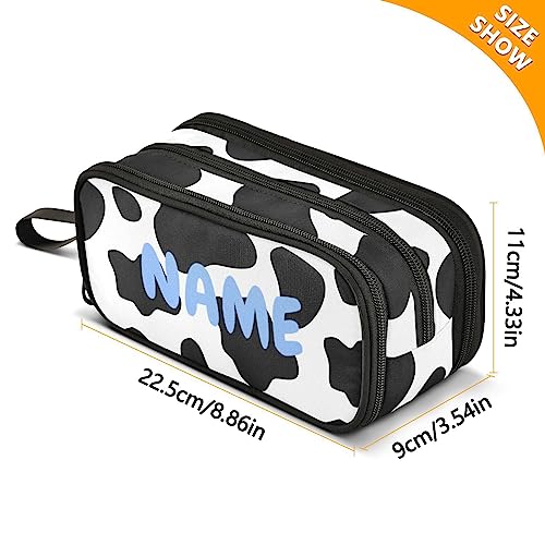 Image of Personalized Cow Print Large Capacity Pencil Case Pencil Pouch Pen Box | 3 Compartment Large Storage Pencil Bag for Adults School Office Teen Girl Boy Men Women