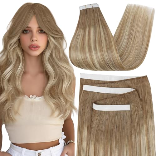 Image of Moresoo Weft Tape Extensions Human Hair Light Brown Blonde 20 Inch 75g 2Pcs | Skin weft tape in hair extensions, cut-to-size design for layered placement and a lived-in light brown blonde finish
