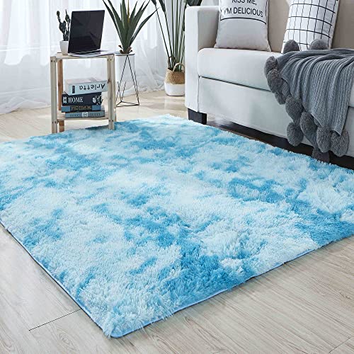 EMPVEX Luxuriöser Teppich für Schlafzimmer, flauschiger blau-weißer Batik-Teppich, Wohnzimmer, 3-lagiges Material, Teppich, Kinderzimmer, blau-weiß, 80 x 160 cm