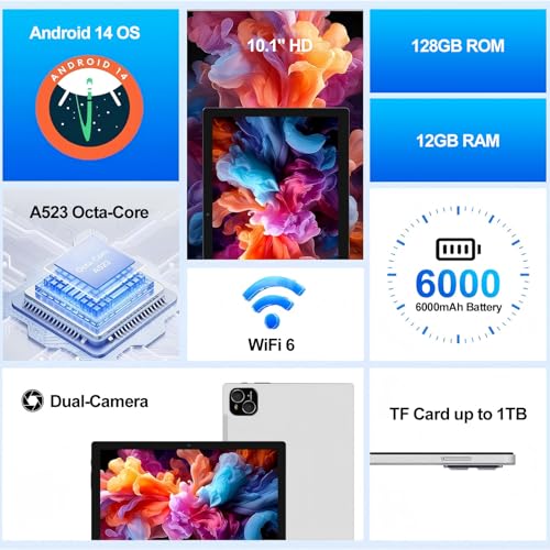Image of Tablet, 10 inch Android 14 Tablet, Octa-Core Processor, 12GB RAM + 128GB ROM, 1280x800 HD IPS Touchscreen, 6000mAh Battery, 2.4G /5G WiFi 6, BT 5.4, Dual Camera, Metal Body, Sliver