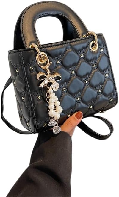 Women's Quilted Handbag, Black, Fashion Shoulder Bag with Pearl Bow Charm, Versatile Tote