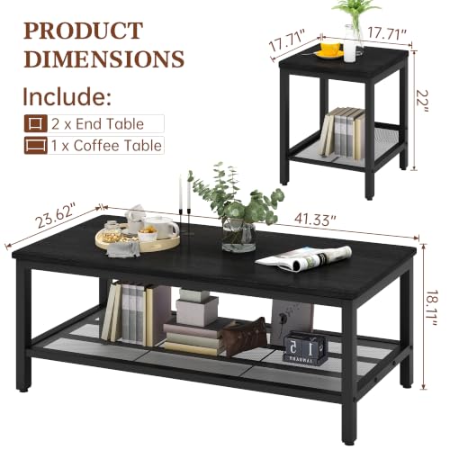 Image of 3-Piece Coffee Table and End Table Sets for Living Room, Industrial Coffee Table Set of 3 with Storage, Modern Farmhouse Rustic Living Room Table Set for Apartment Home Office
